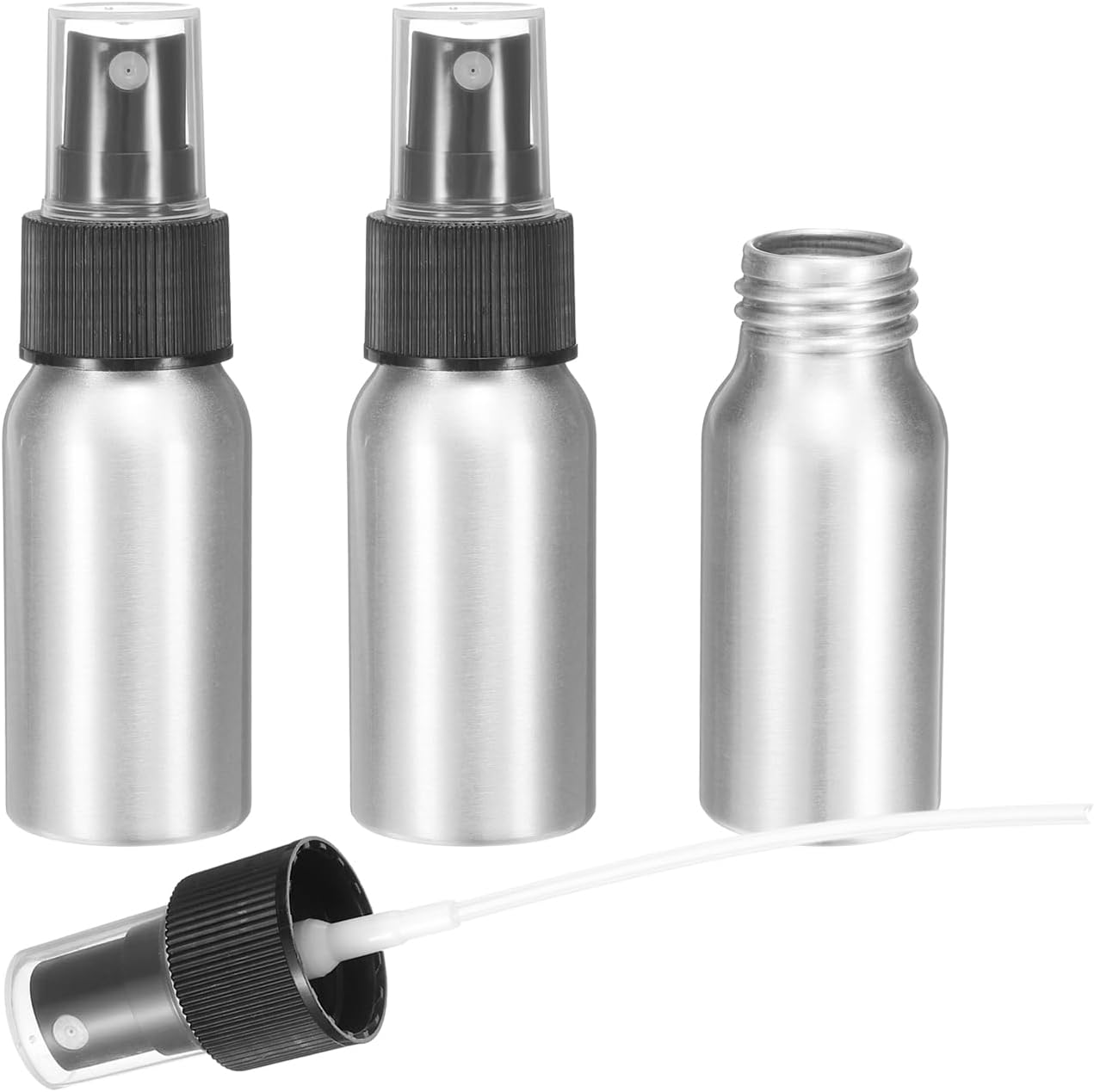 HARFINGTON 3pcs Aluminum Fine Mist Spray Bottles 30ml/1oz Metal Small Liquid Alcohol Refillable Travel Container with Black Plastic Nozzle Cap for Perfume Skincare Cosmetic Storage Bottle