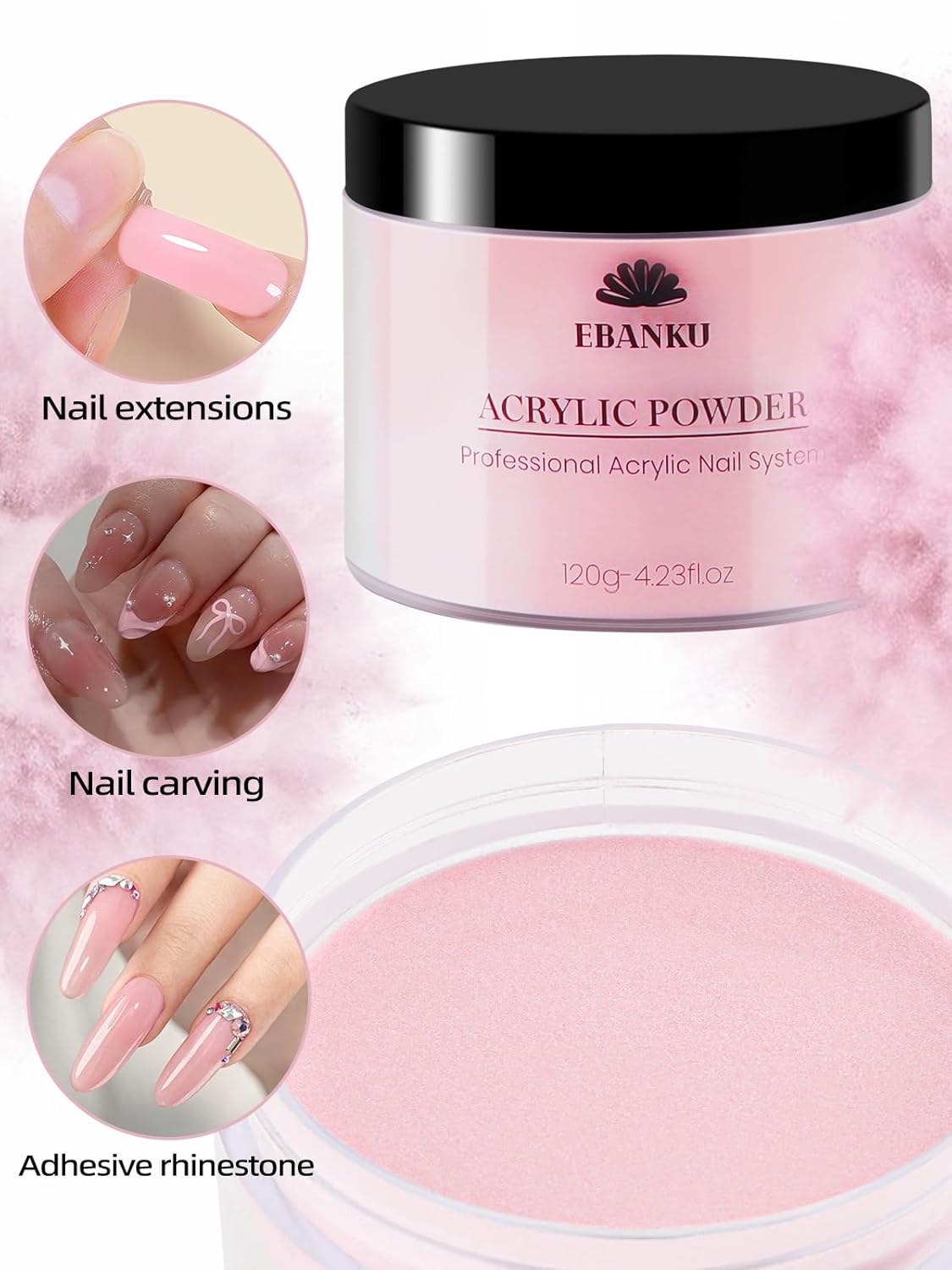 Pink Acrylic Powder, EBANKU 120g/4.23oz Cover Pink Nail Acrylic Powder Large Capacity Professional Acrylic Nail Powder for Nail Extension, Nail Carving, Long-Lasting, No Nail Lamp Needed