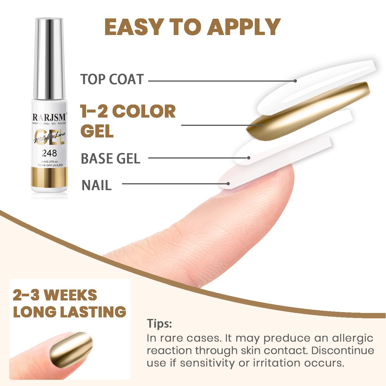 RARJSM Metallic Gel Liner Nail Art Silver Bronze Gold 2pcs Set Mirror Chrome 3D Effect Gel Nail Polish 8ml Build in Thin Brush Metal Painted Drawing Stripper Gelpolish Curing Requires for Home Salon