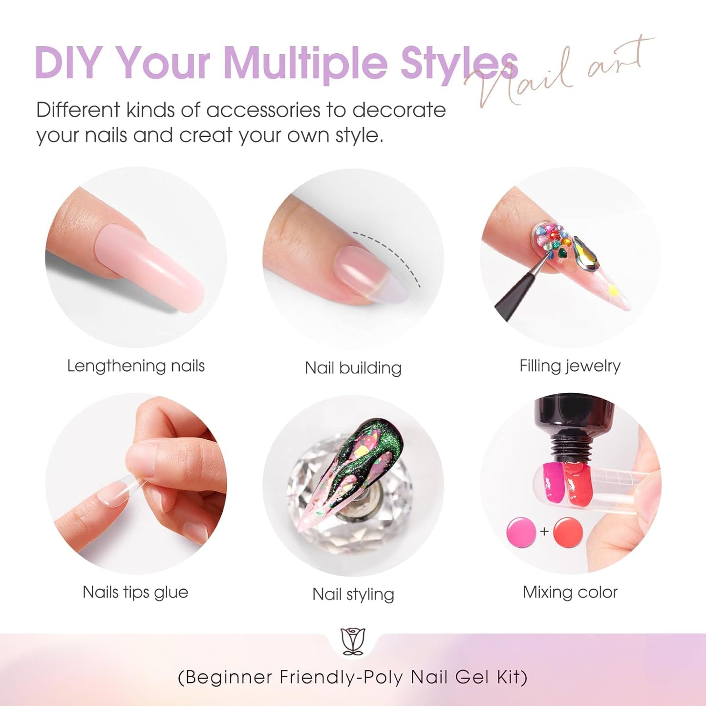 ROSALIND 38 Colors Color Poly Nail Gel Colors Kit with Mini Nail Lamp Clear Neon Poly Nail Gel Starter Kit for Beginners Halloween All Seasons Classic Colors with Everything