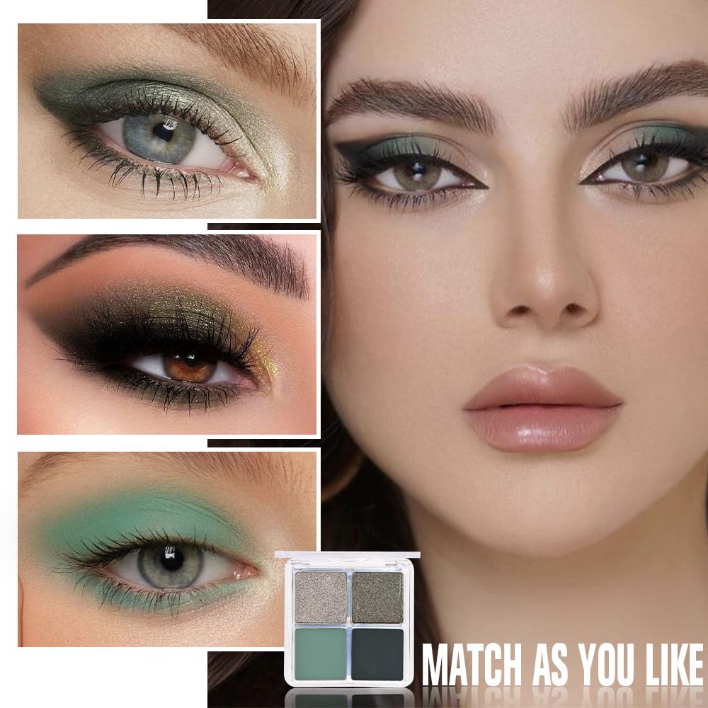 Kaely Powder Eyeshadow Quad, Matcha Green Matte Glitter Eyeshadow Palette Makeup, Neutral Eye Shadow Palette for Older Women Pigmented Waterproof, sombras para ojos, Blendable, Cruelty-free, 12