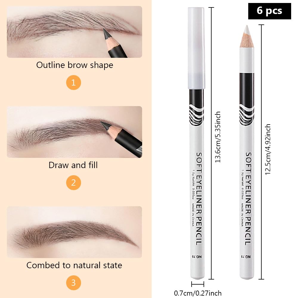 6Pcs Wooden Hard-Core White Eyebrow Pencils, Eyebrow and Eyeliner Pencils, Long Lasting Waterproof and Sweat-Proof, Easy to Color,Beginner Makeup Eyebrow Penci,Create a Natural Brow Makeup
