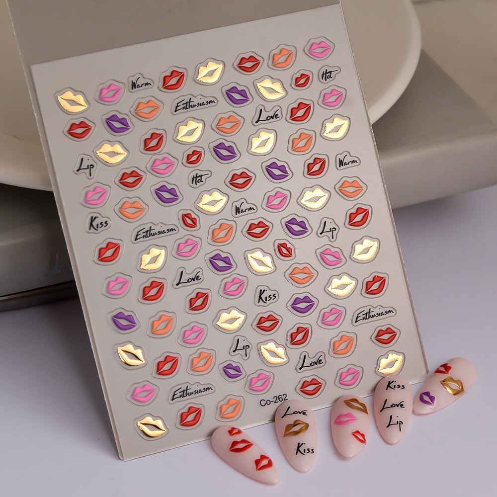 Halloween Nail Art Stickers 5D Embossed Colorful Lips Nail Stickers, Self-Adhesive Durable Nail Art Decals for Women Girls, Nail Wraps Decoration Manicure for DIY Acrylic Nail Accessories