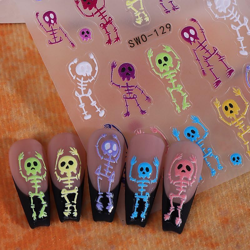 Halloween Nails Stickers Colorful Skull Nails Sticker 3D Embossed Skeleton Skull Self Adhesive Sticker Nail Decals Skeleton Body Nail Art Decal Halloween Decals for Nail DIY Manicure 2Sheet
