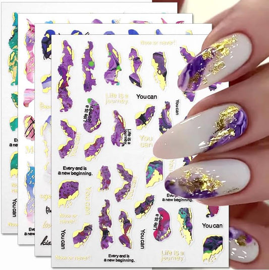 3D Marble Nail Stickers - 6 Color Marble Decals, Blooming Nail Art, Bronzing & Watercolor Smudge Resistant, Self-Adhesive Gold Foil Designs