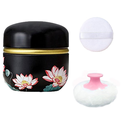 Body Powder Puff and Container for Dusting Powder, Women Powder Puff and Powder Case for Bath and Travel (Lotus)