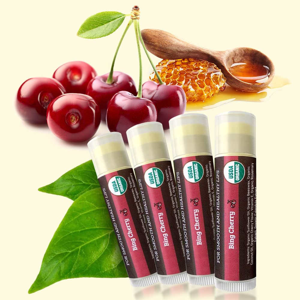 Earth's Daughter USDA Organic Lip Balm 4-Pack - Cherry Flavor - Beeswax, Coconut Oil, Vitamin E - Best Lip Repair Chapstick for Dry Cracked Lips.