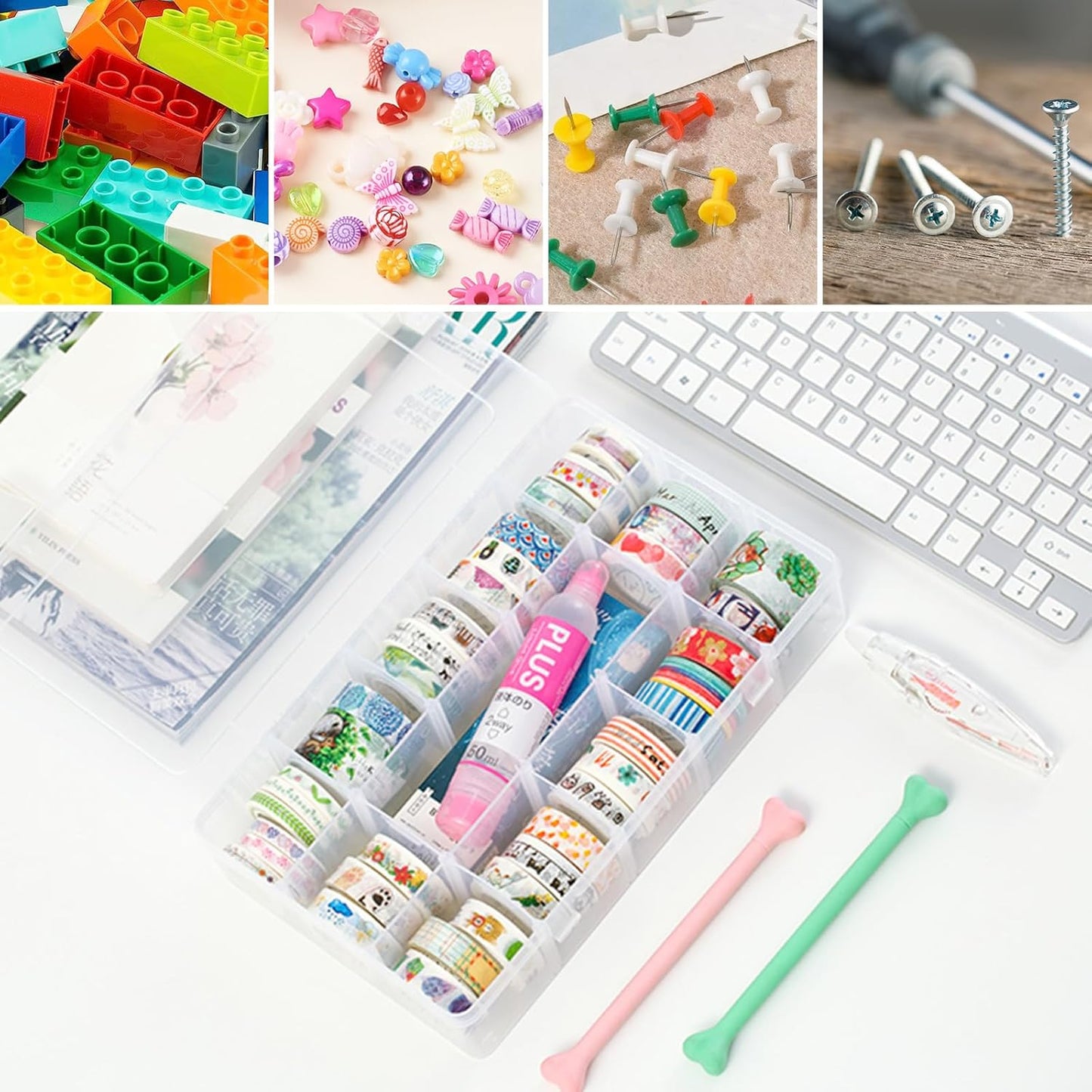 15 Large Grids Plastic Organizer Box with Adjustable Dividers,divided storage containers,jewelry organizer,Clear Storage Box for Jewelry,Art DIY Crafts,Washi Tapes,Beads and Small Parts