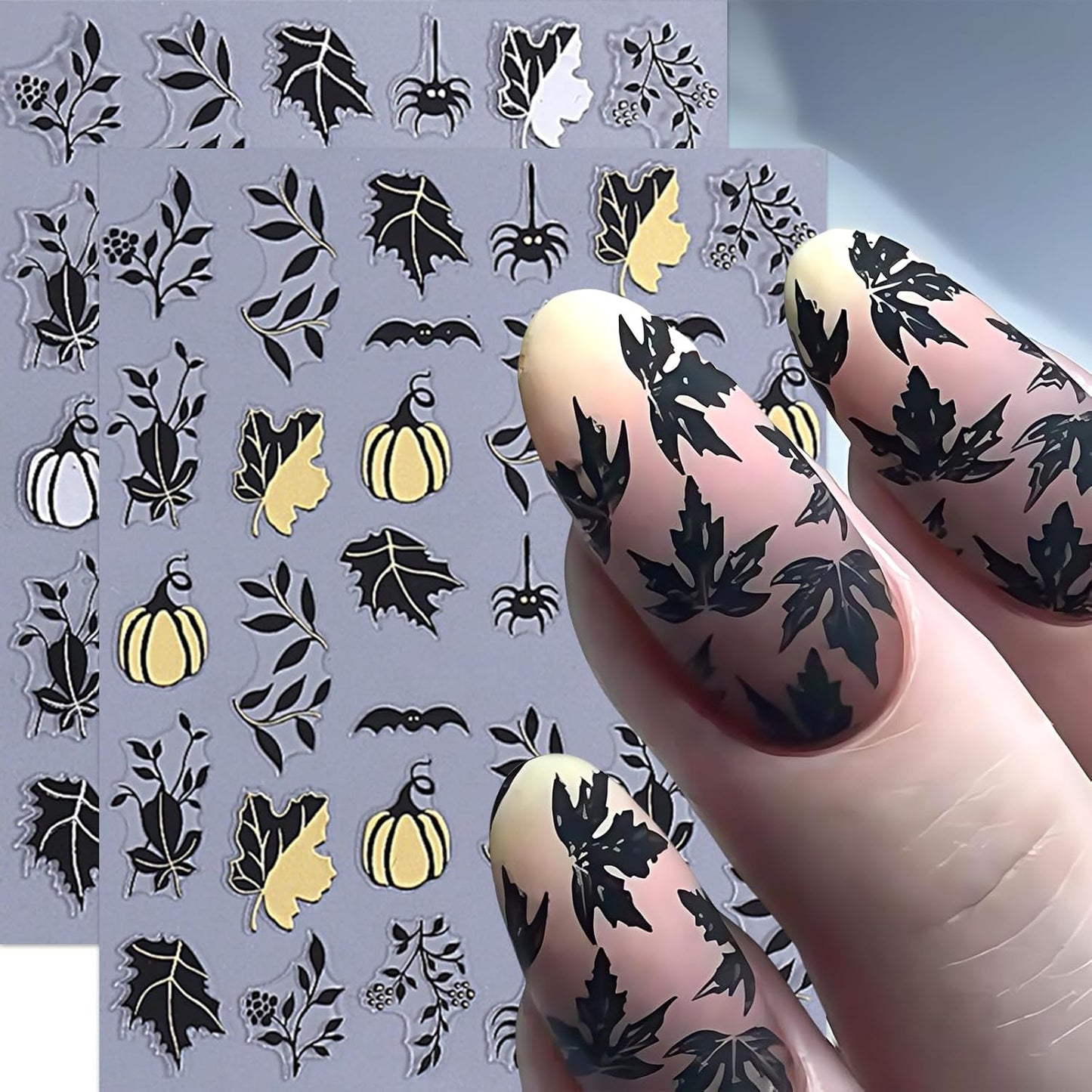 8 Sheets Halloween Nail Stickers Nail Decals 3D Self-Adhesive Glitter Pumpkin Ghost Nail Supplies Gold Heart Spider Web Bat Black Leaf Nails Design Nail Decor for Halloween Party DIY Manicure Supplies