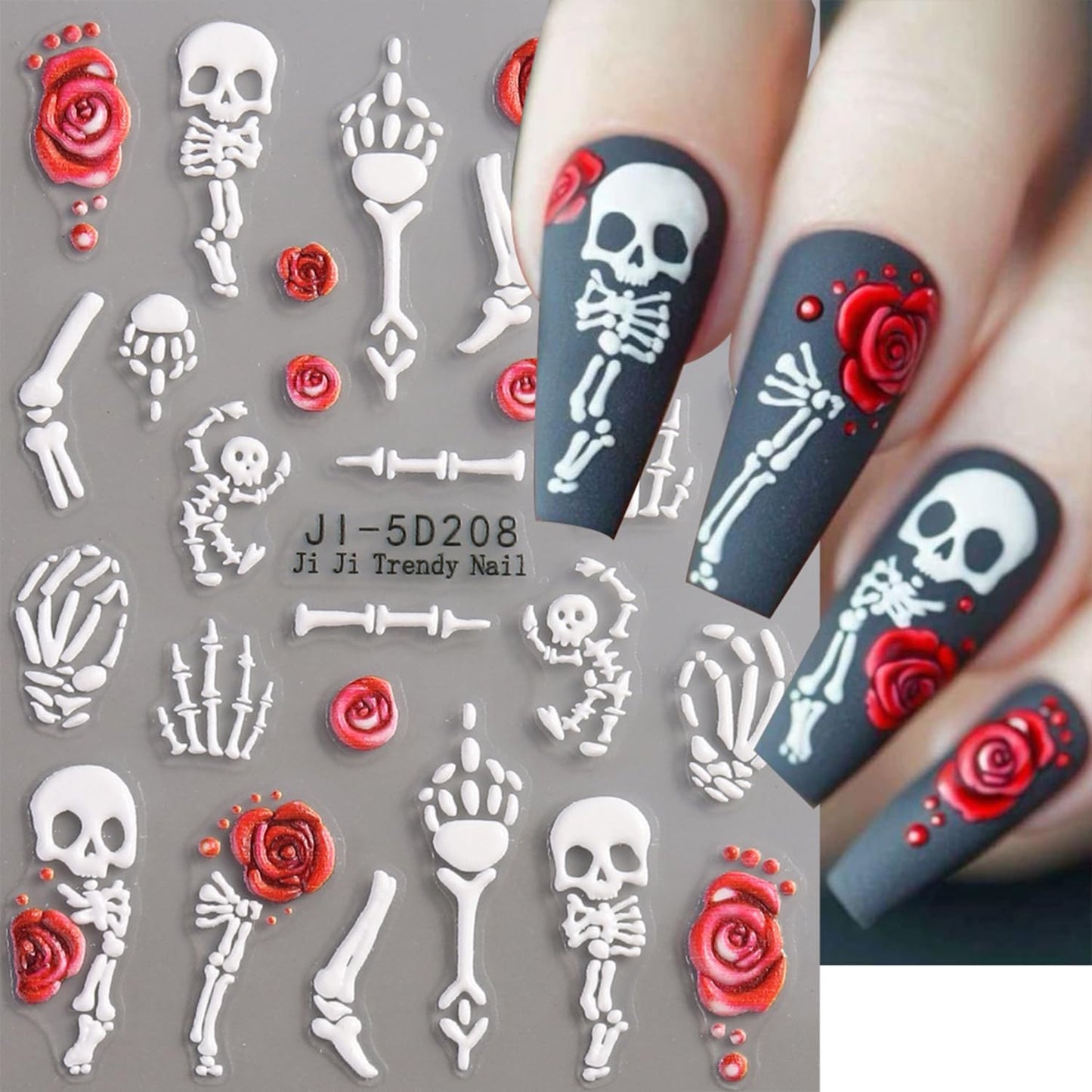 5D Embossed Halloween Nail Art Stickers Decals Cute Skull Flower Nail Sticker White Skeleton Nails Decal Self-Adhesive Nails Art Decal for Women Halloween Decor