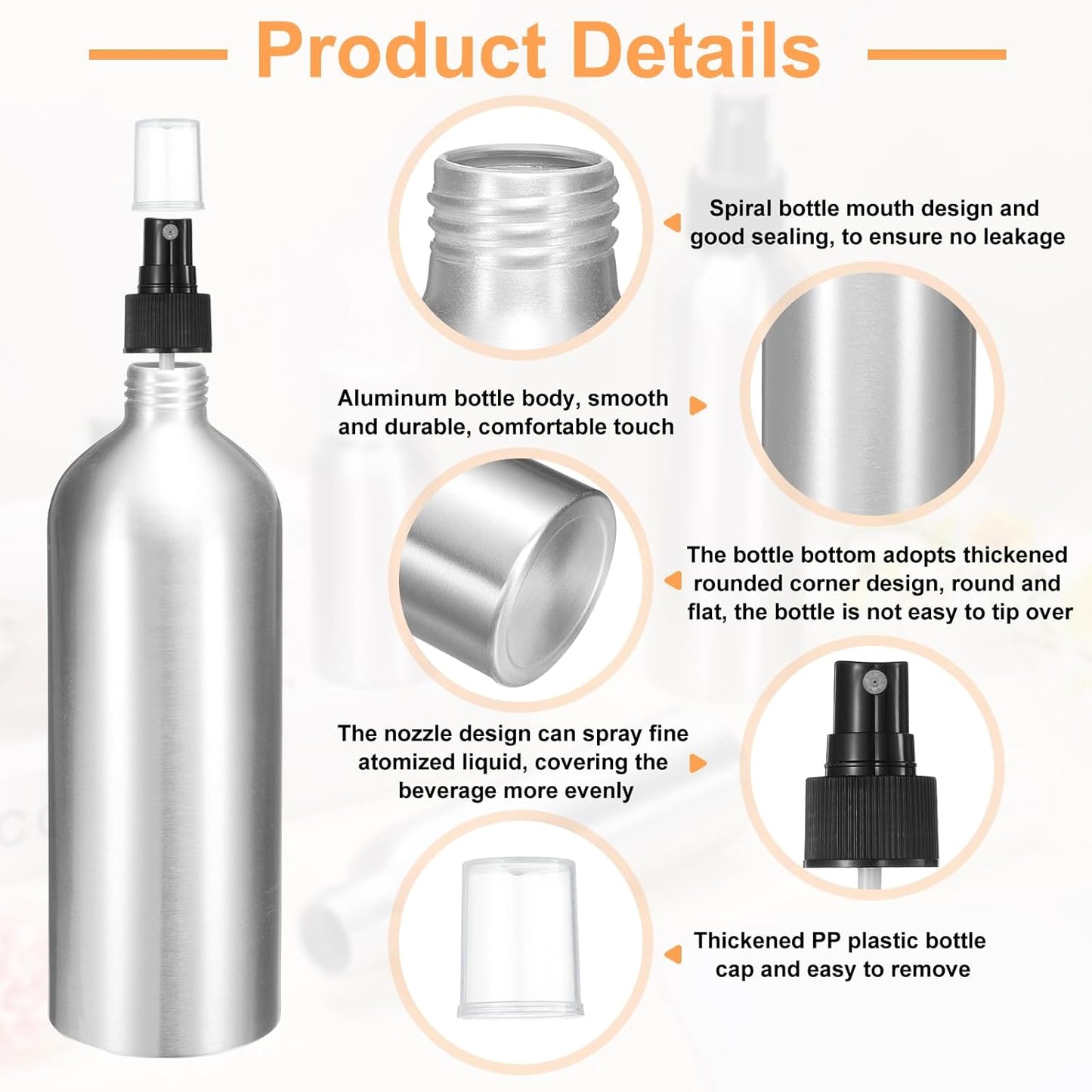 HARFINGTON 5pcs Aluminum Fine Mist Spray Bottles 500ml/16oz Metal Small Liquid Alcohol Refillable Travel Container with Black Plastic Nozzle Cap for Perfume Skincare Cosmetic Storage Bottle