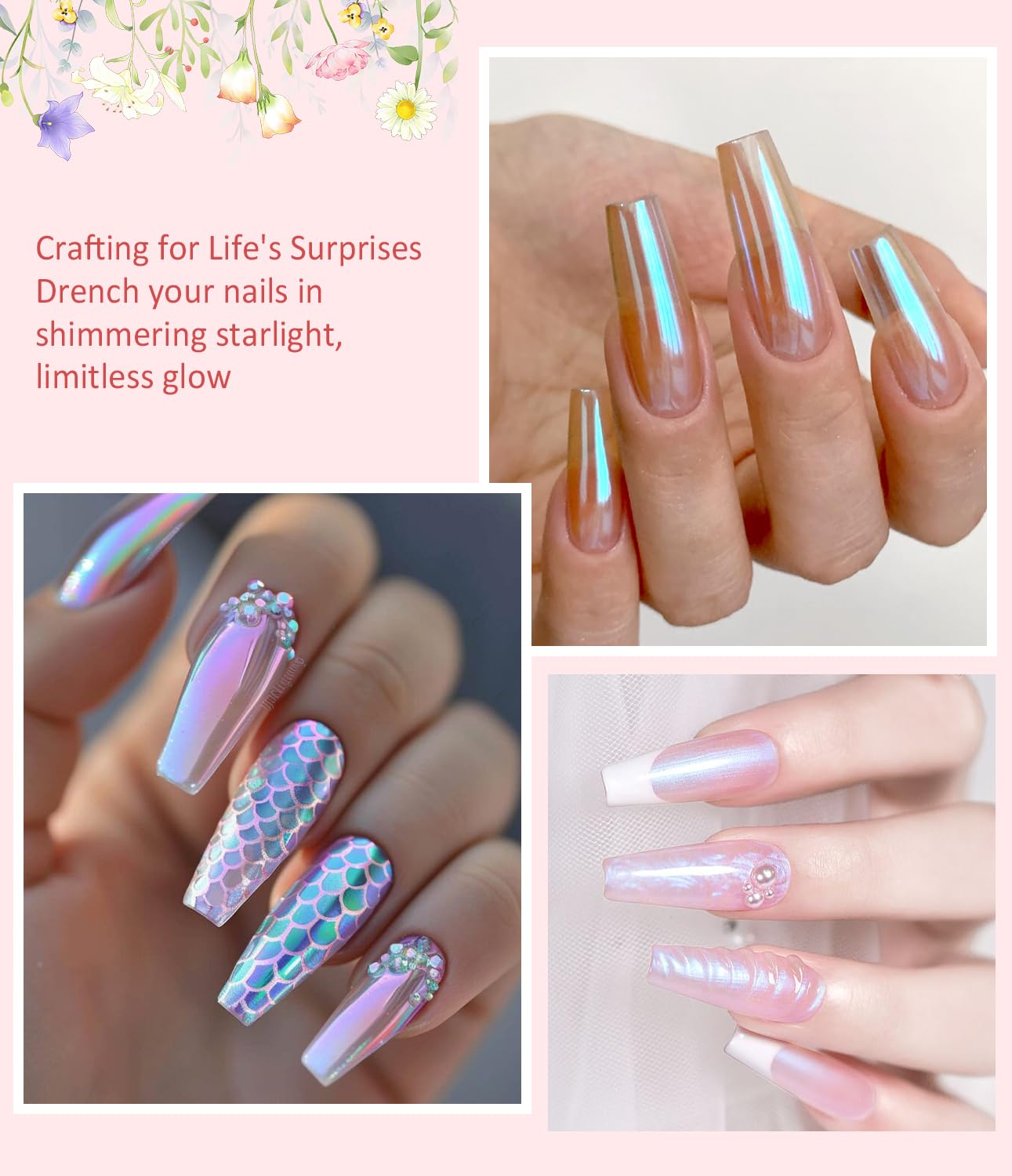Chrome Nail Powder - Pearl Chrome Nail Powder Glitter Powder, Aurora Chrome Nail Powder Ice Translucent Iridescent Mermaid Pigment Dust Nail Powder Kit For Manicure Decoration DIY