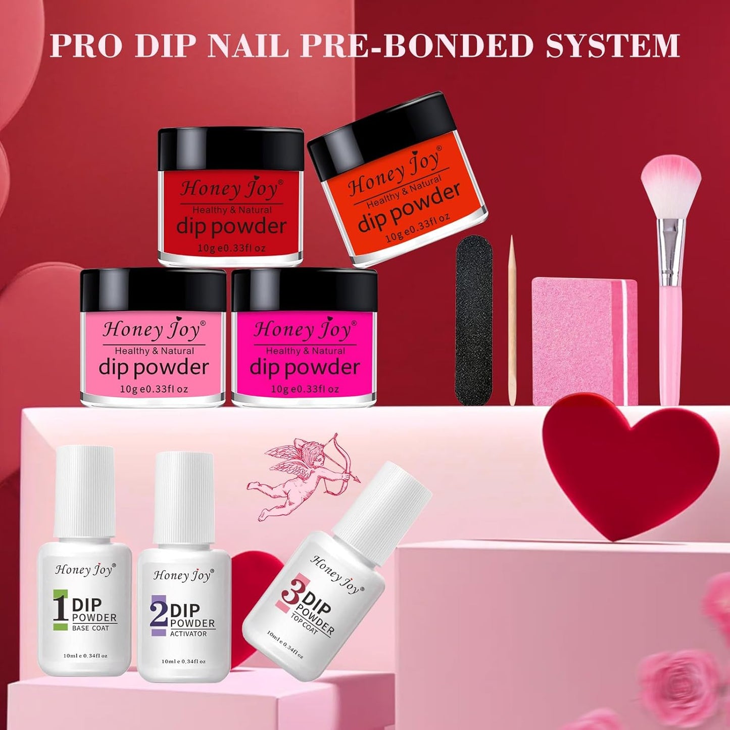 Honey Joy Dip Powder Nail Kit Starter, 4 Colors Dark Red Hot Pink Fine Dipping Powder Liquid Set with Base Top Coat Activator for Nail Art Manicure Salon DIY No LED Nail Lamp Needed, Dip-7pcs-No.20