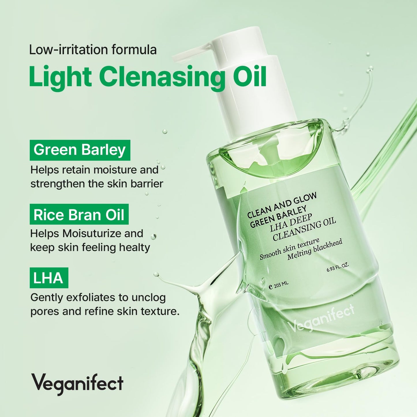Green Barley Light Cleansing Oil, Hydrating Daily Cleanser for Sensitive Skin, Blackhead Remover, Korean Vegan Skin Care, 6.93 Fl Oz