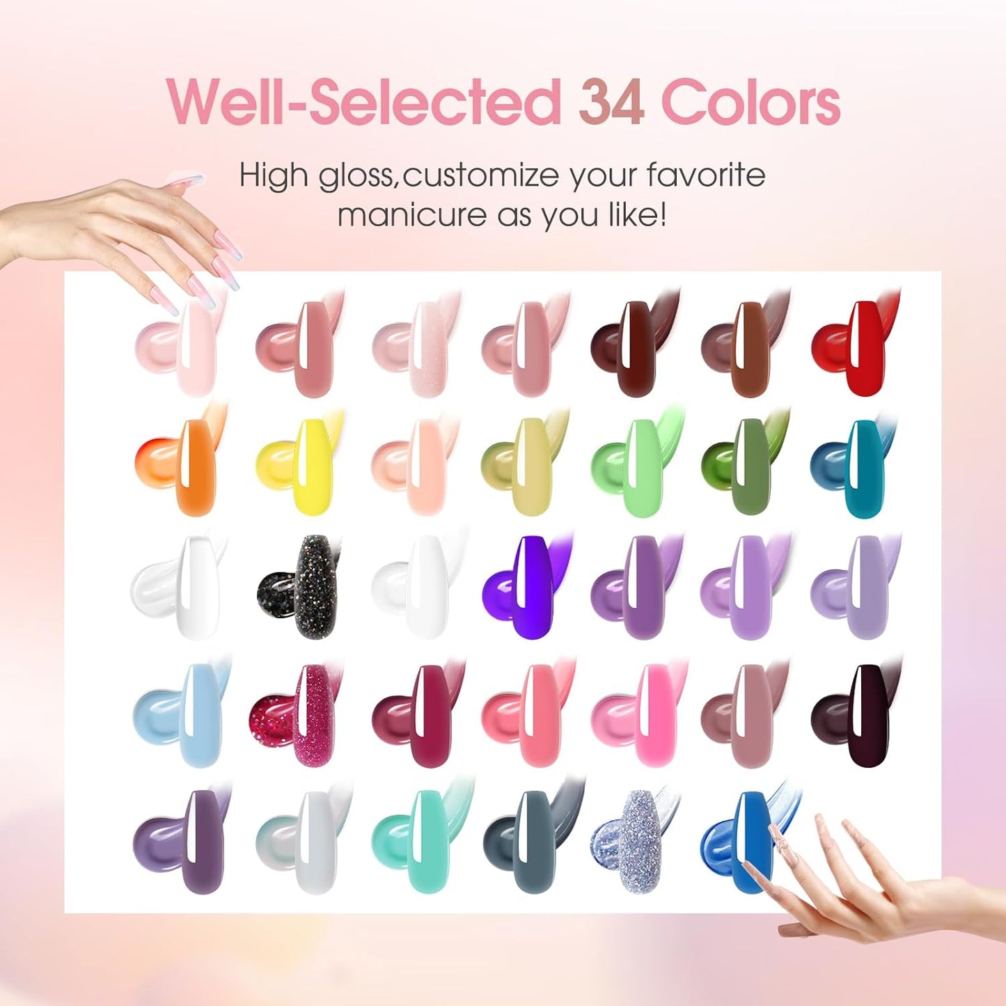ROSALIND Coloful Poly Nail Gel Kit -34 Colors + Neon Accessories Clear Nude Poly Nails Gel Starter Kit with Mini UV Lamp Slip Solution Summer Halloween Extensions Kit