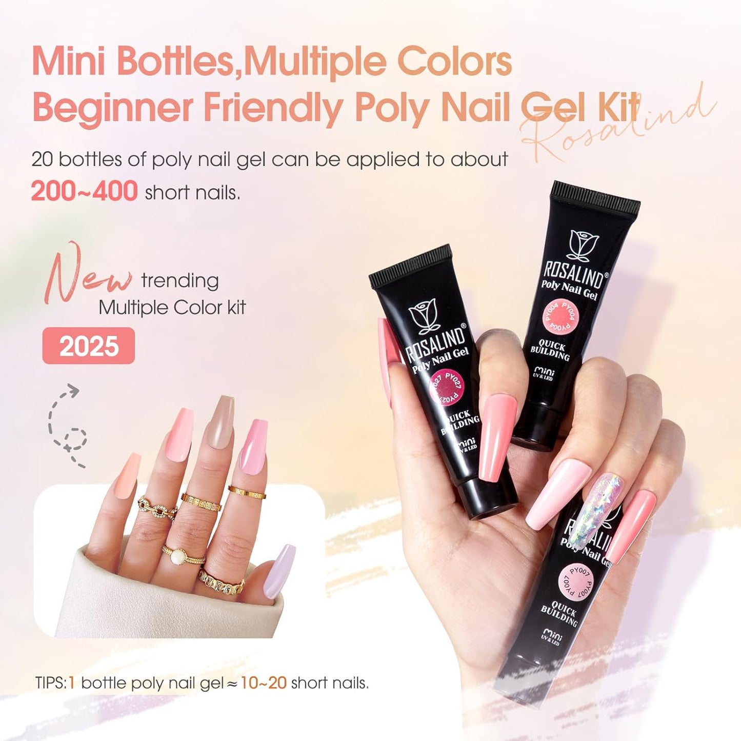 ROSALIND 20PCS Poly Nail Gel Kit with Nail Lamp White Brown Poly Nails Gel Kit Clear Nude Nail Extensions Gel Set With UV Lamp