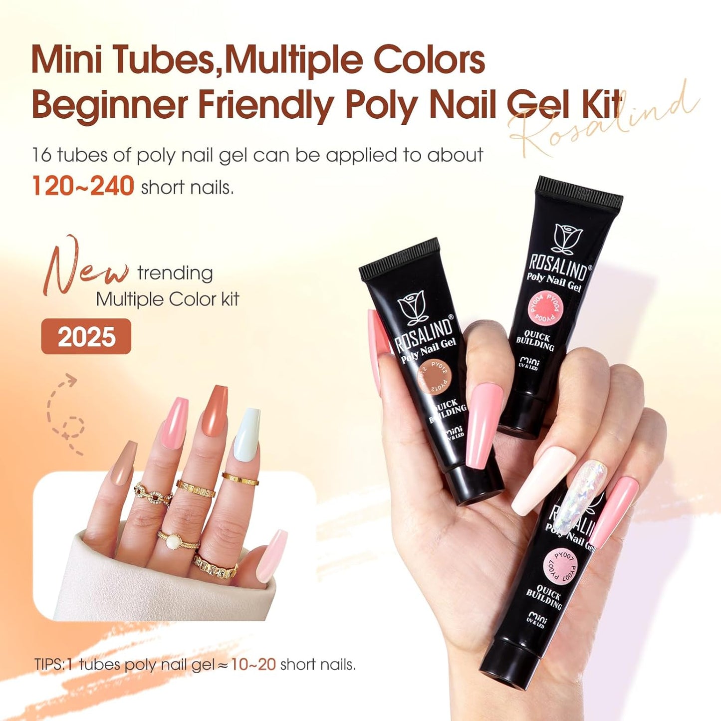 ROSALIND Poly Nail Gel Kit -16 Colors + White Brown Nail Art Accessories kit Clear Nude Poly Nails Gel Kit Starter Kit With Slip Solution Nude Pink Nail Extensions Gel Set with Mini UV Lamp