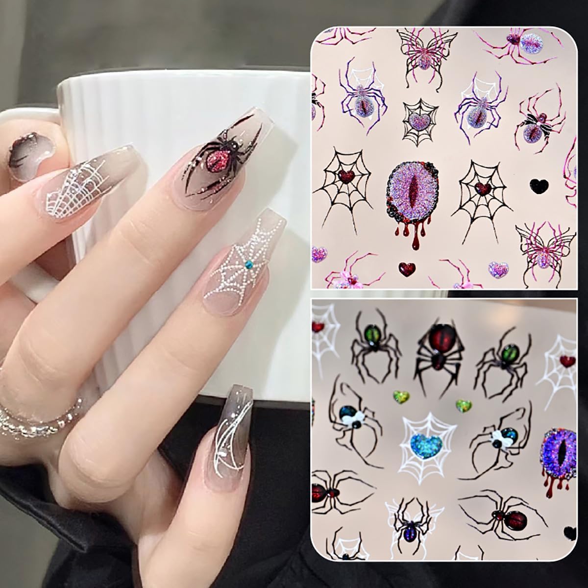 Halloween Nail Stickers 3D Self-Adhesive Goth Nail Art Stickers Pink Spider Web Spider Heart Glitter Design Halloween Acrylic Nail Art Decoration Cute Horror Nail Decals for Women Acrylic Nails DIY