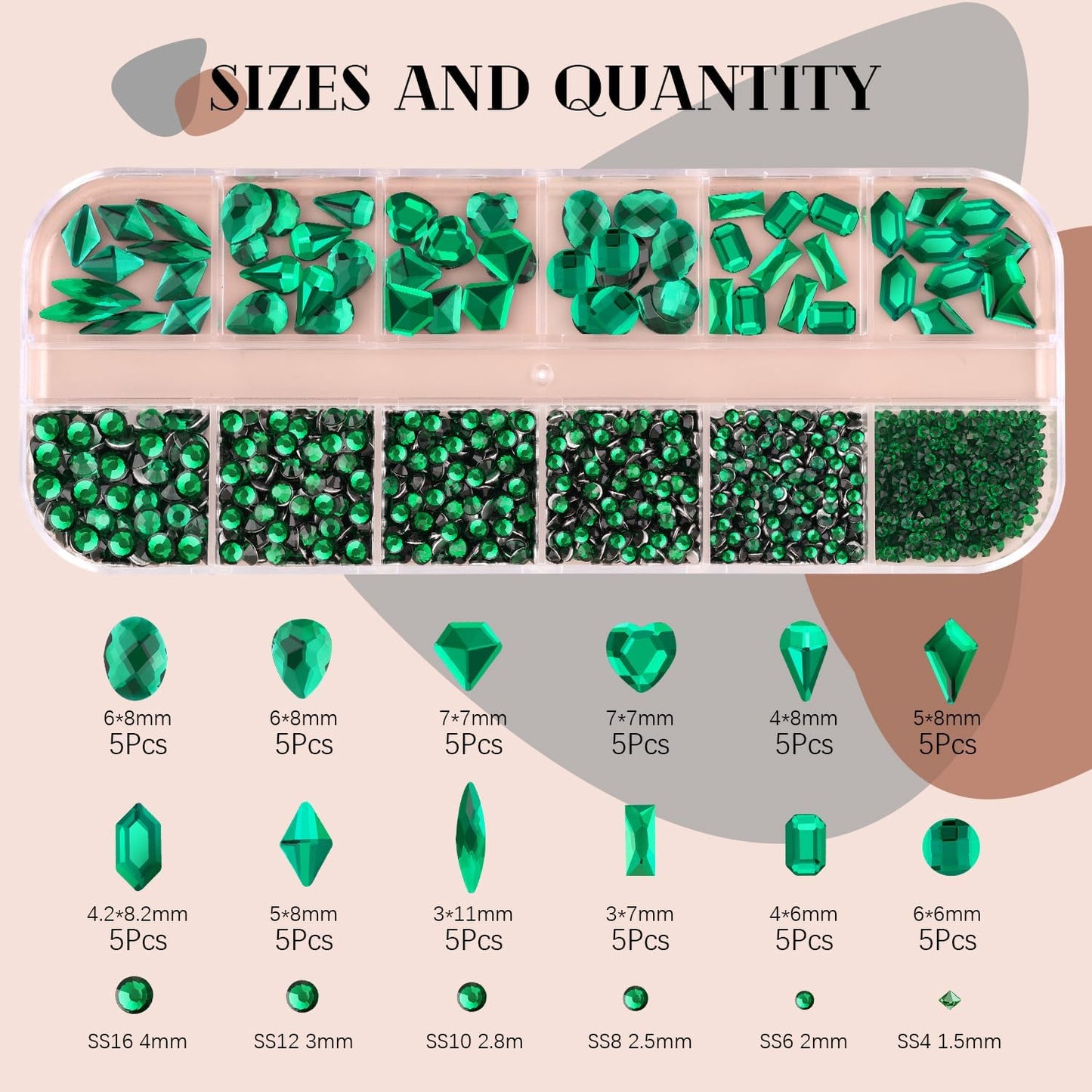 2060Pcs Emerald Green Glass Nail Rhinestones 60Pcs Multi Shapes Flatback Nail Gems + 2000Pcs 1.5-4mm Round Crystal, Manicure Nail Charms Diamond Gemstones for Acrylic Nails Decoration
