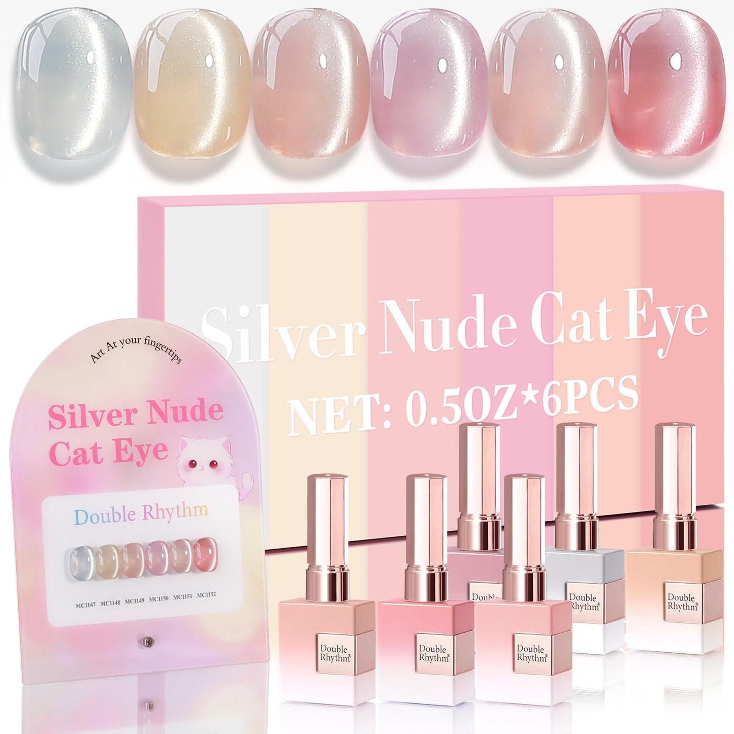Double Rhythm Cat Eye Gel Nail Polish Set of 6 Same Color Same Bottle 0.5 Oz Shimmer Glitter with Magnet Holographic Reflective Magnetic UV Nail Polish Kit at Home (Silver Nude Pink-T6-27)