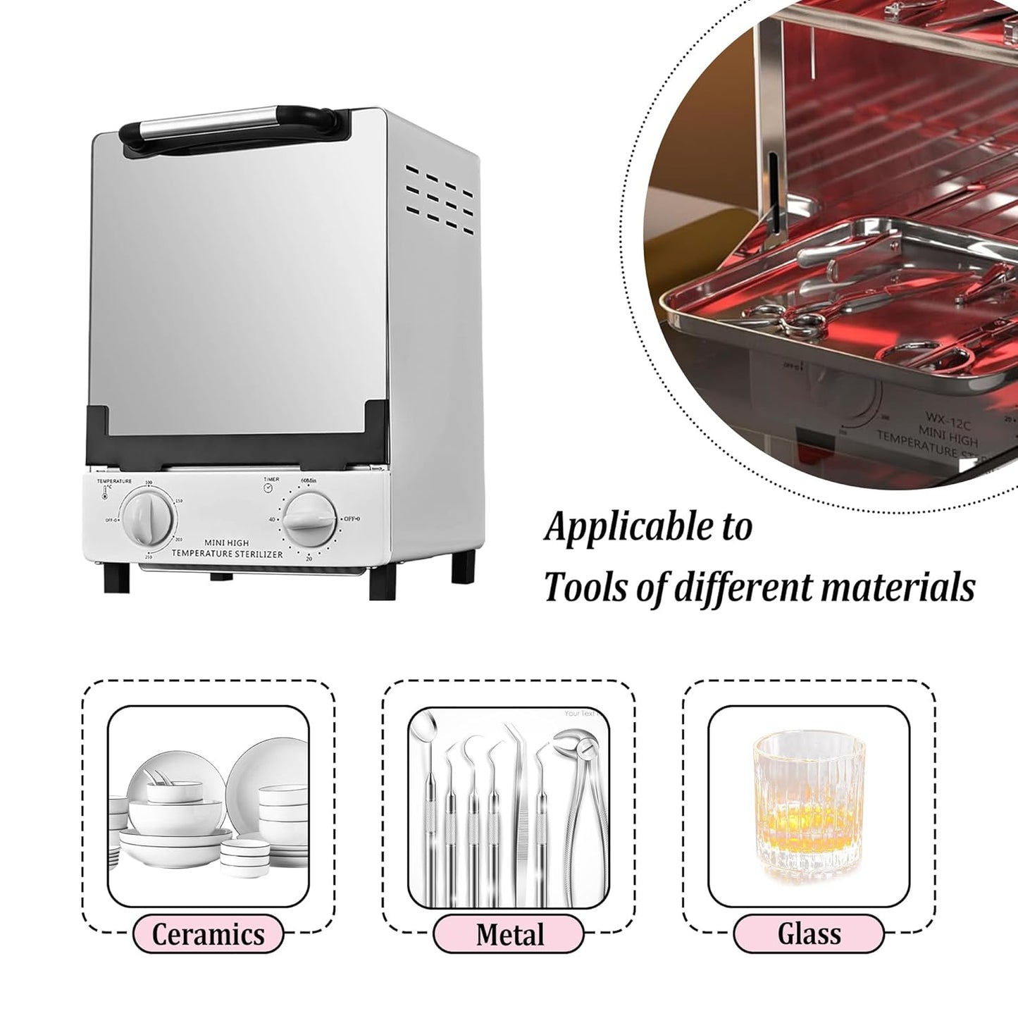 High Temperature Sterilizer, Large Capacity Dry Heat Stainless Steel Sterilizer with Temp and Timer Control, Max timing 60min, Max temperature 250℃ (482℉), With Stainless Trays, 110V power