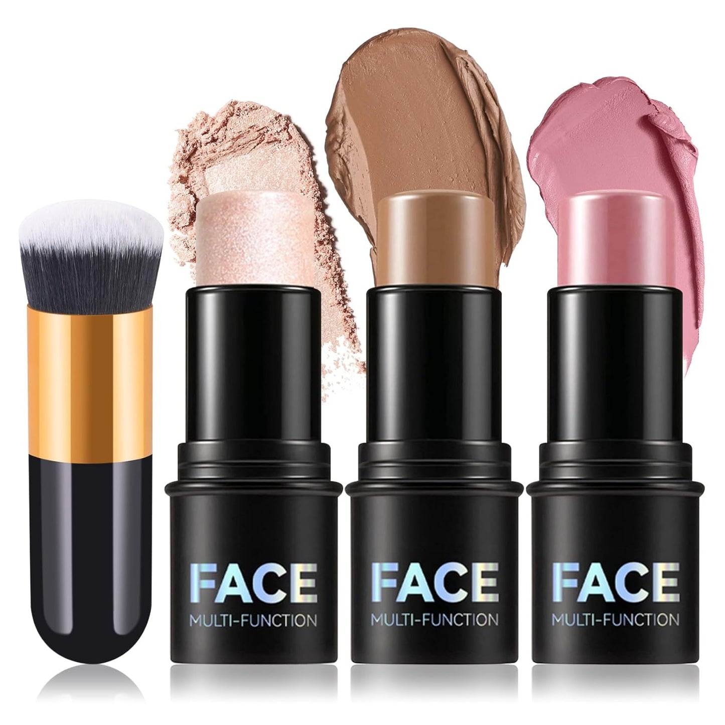 3Pcs Cream Contour Stick Makeup Kit with Makeup Brush,Shades with Highlighter,Brush Stick,Cream Bronzer for Sculpt the Cheeks,Long-lasting Waterproof Lightweight Contour Set