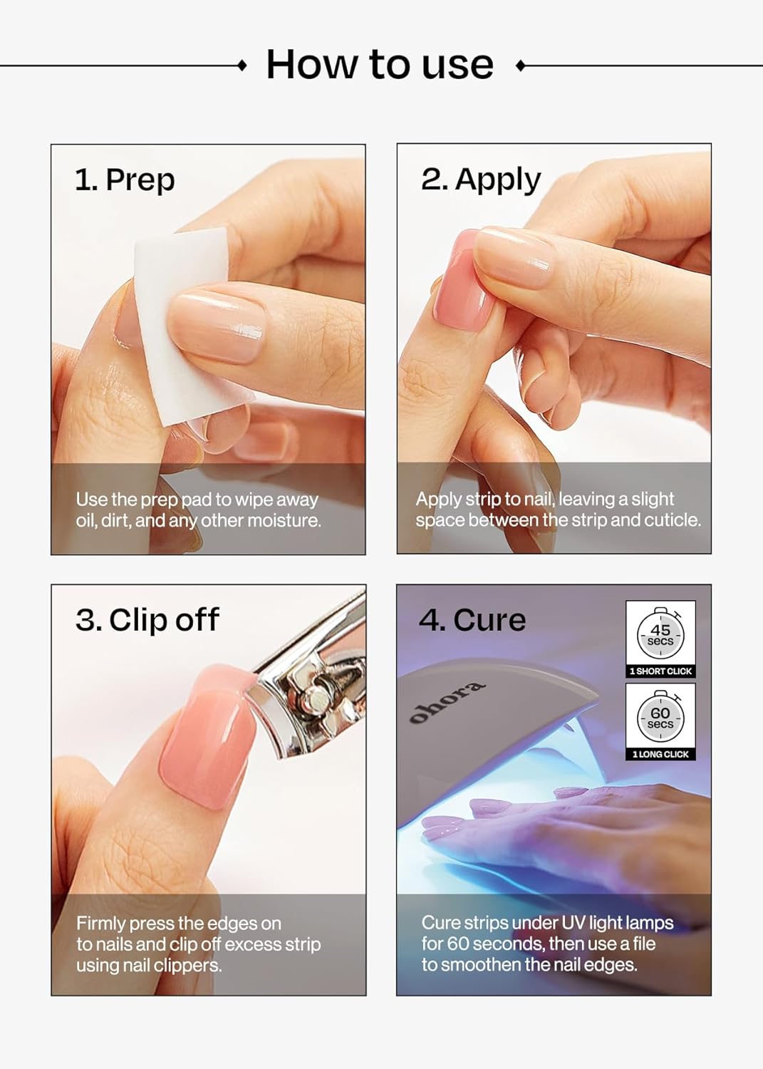 ohora Semi Cured Gel Nail Strips (N Newtro no.1) - White, Metallic, Works with Any UV/LED Lamps, Salon-Quality, Long Lasting, Easy to Apply & Remove - Includes 2 Prep Pads, Nail File & Wooden Stick