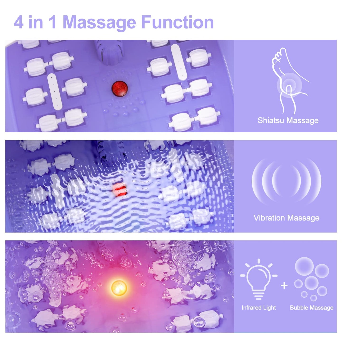 Foot Spa Bath Massager with Heat Bubbles and Vibration Massage and Jets, 16 OZ Tea Tree Oil Foot Soak Epsom Salt, Foot Soaker with Red Light, 22 Massage Rollers, Adjustable Temp -Purple