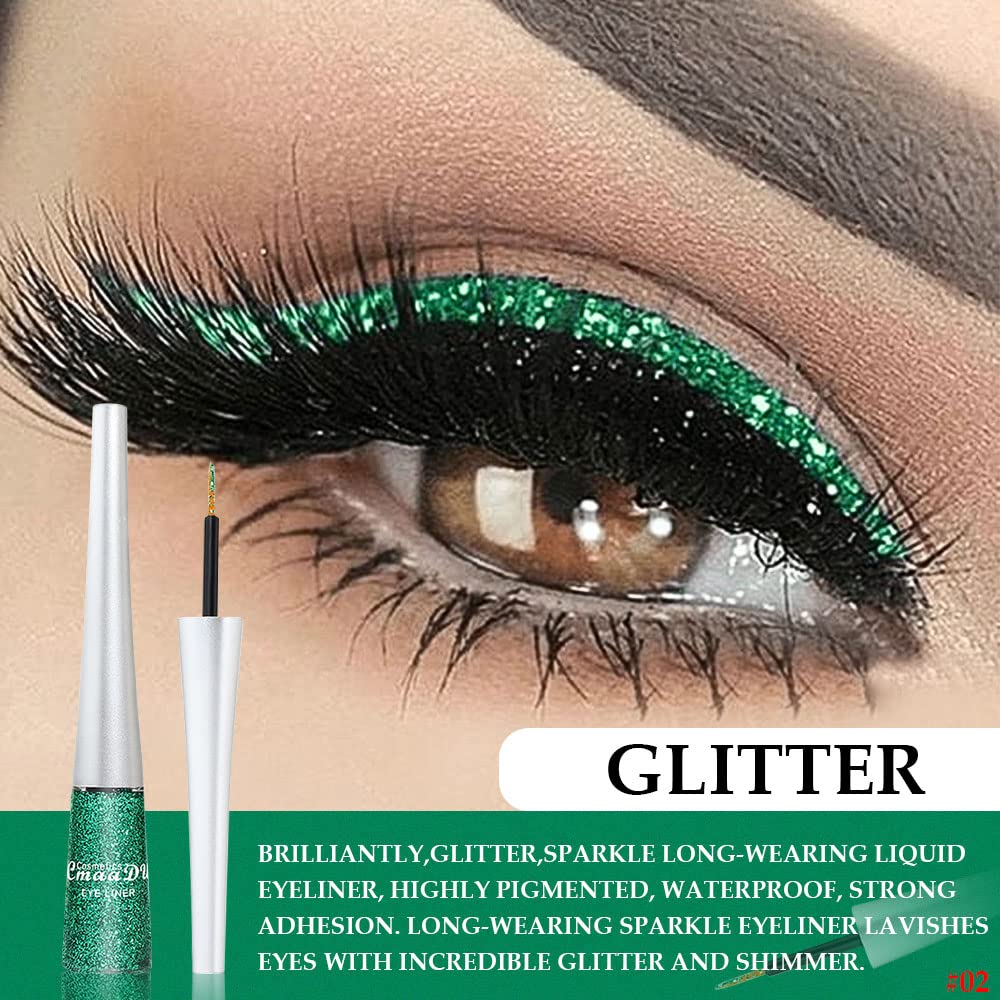 evpct 2Pcs Dark Light Emerald Green Glitter Liquid Eyeliner Makeup Sets Green Glitter Metallic Shimmer Eye Liner Pencil Liquid Eyeshadow for Women delineador con glitter de colores para ojos colores
