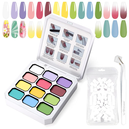 Gradient Painting Gel, 12 Bright Colors Ombre Gel Nail Polish with 100Pcs Nail Sponges &Tweezer for Pigment Pat Nails Aura Nails French Manicure Soak Off UV Set Solar Flare Palette