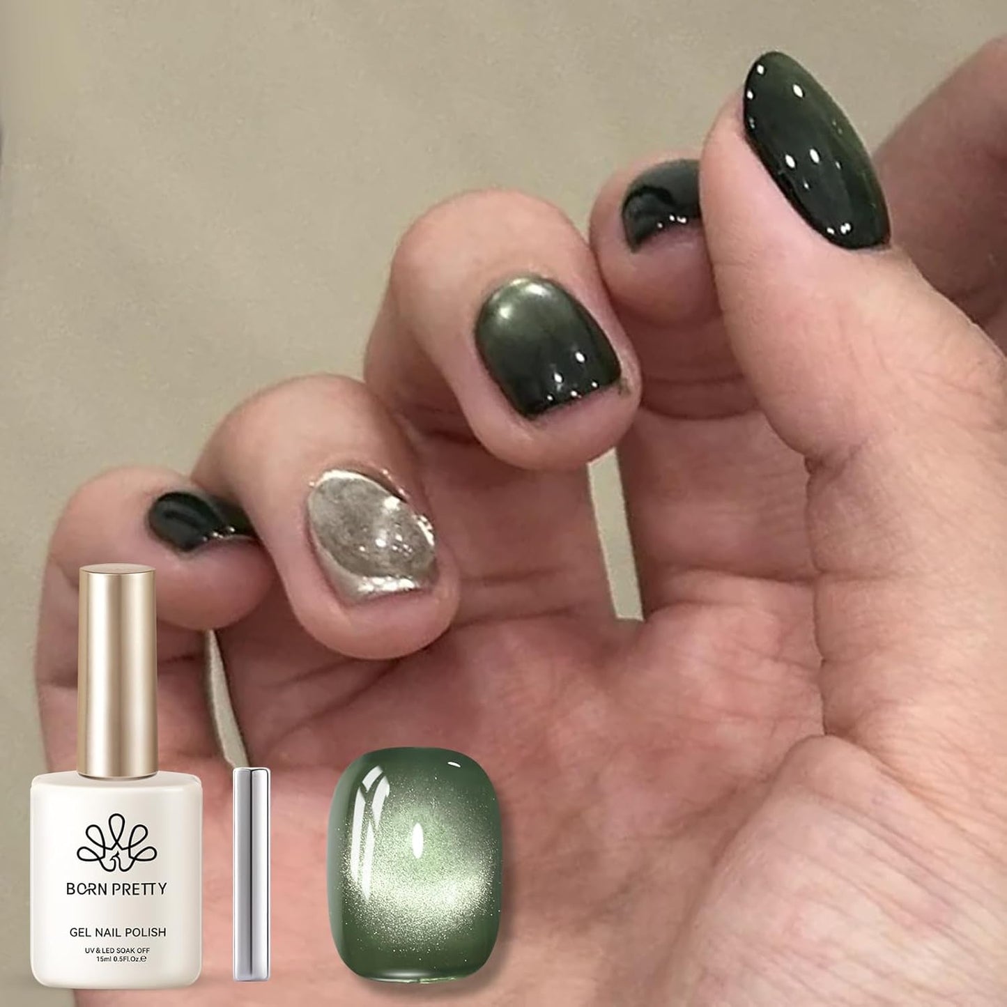 BORN PRETTY Cat Magnetic Eye Gel Nail Polish,Dark Emerald Jelly Glass Magnetic Gel Polish,Green Glitter Soak Off Nail Art Salon Manicure Home Gift 15ml