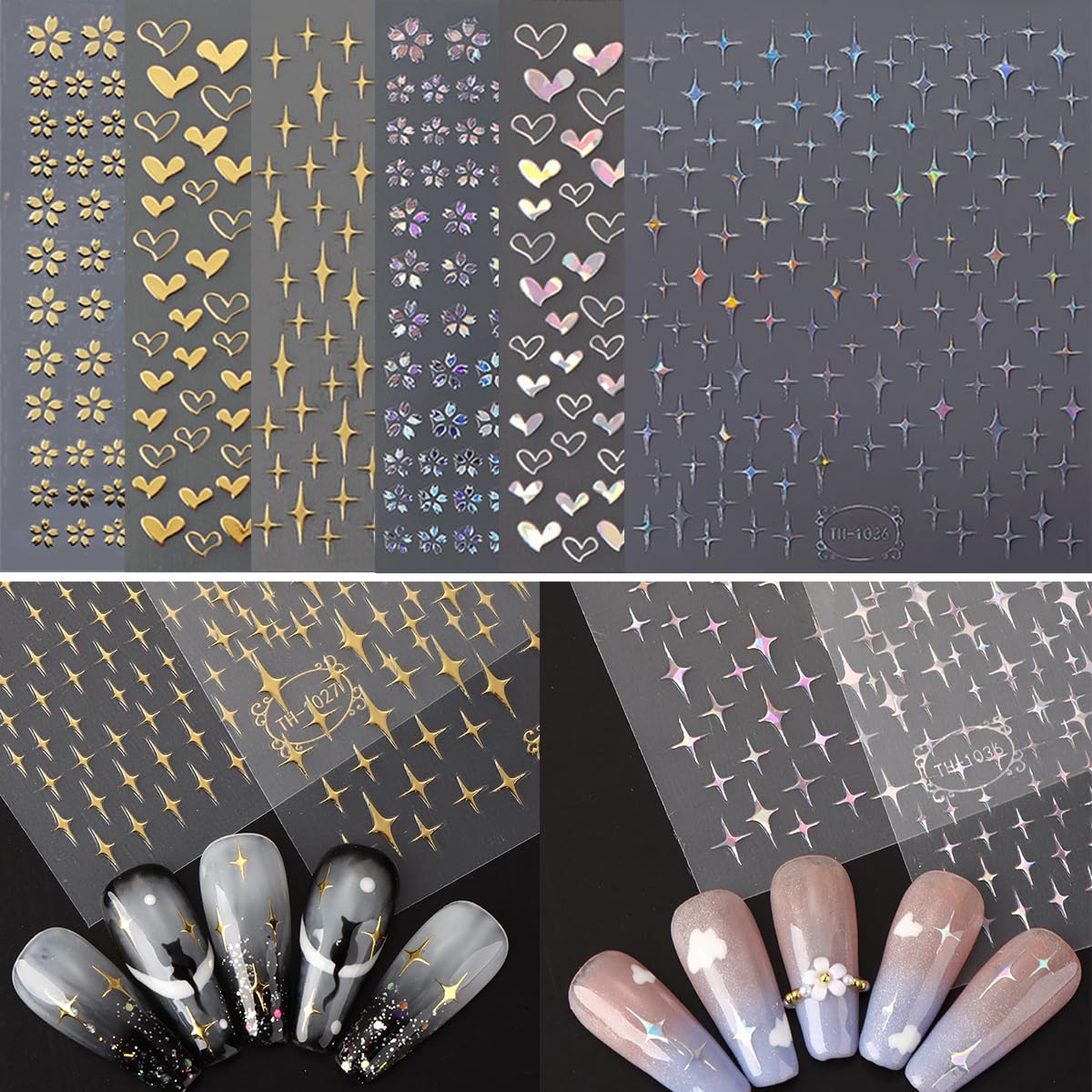 Heart Flowers & Star Nail Stickers, Laser Silver & Gold Star Nail Decals - 3D, Self-Adhesive, DIY Nail Art Designs for Women