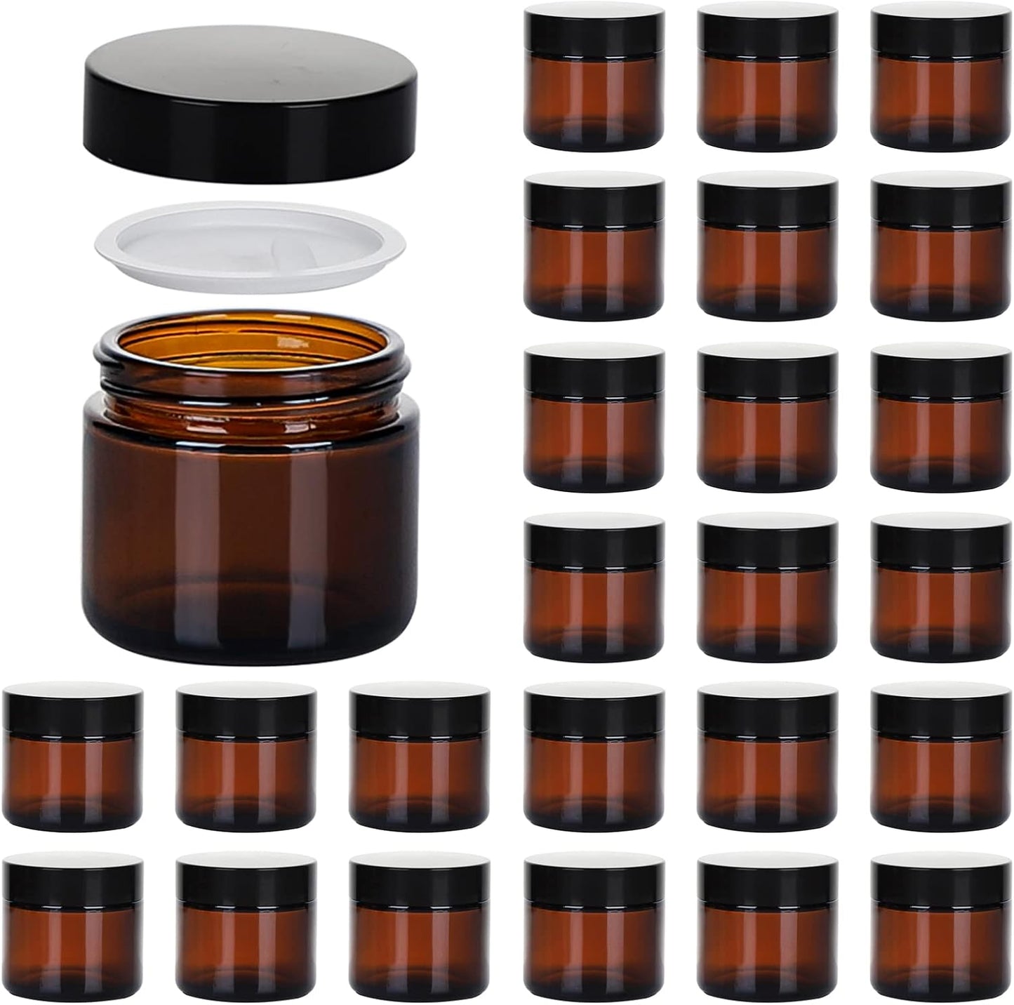 2oz Jars with Lids, Hoa Kinh 24 Pack Amber Glass Jars with Lids Empty Cosmetic Containers Round Airtight Glass Jar with Inner Liners and black Lid for Storing Lotions, Powders, and Ointments
