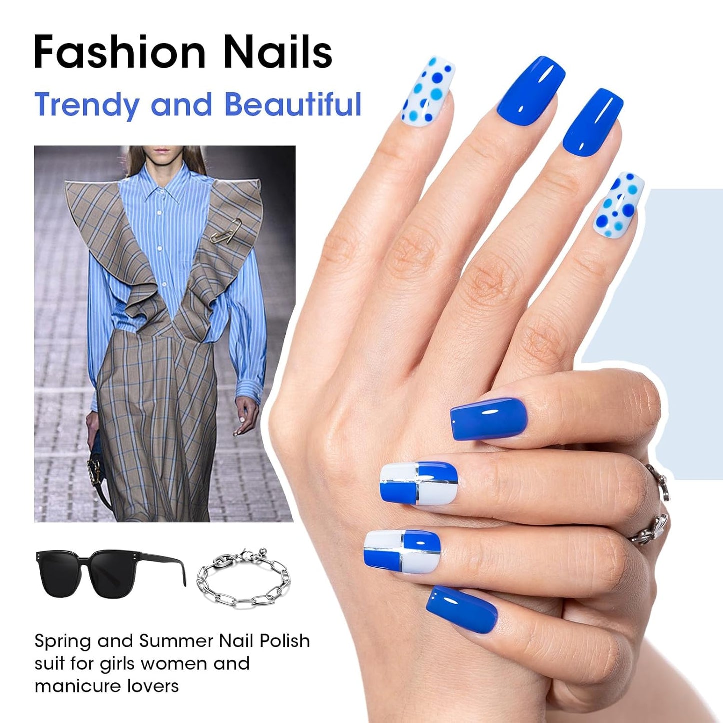 Gellen Blue Nail Polish & Clear Base Top Coat Nail Polish, Quick Air Dry Natural Regular Nails Polish Bright Baby Cobalt Ocean Blue 6pcs Set for Acrylic Natural Nails Home Salon, Non UV Gel, Hema Free