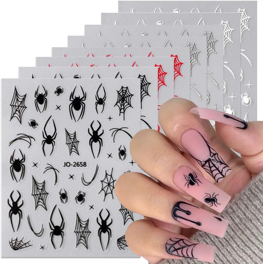 Spider Web Nail Stickers 3D Self Adhesive Nail Decals Halloween Nail Art Stickers Black Red Spider Star Design Cute Nail Sticker for Nail Art DIY Holiday Salon Manicure Accessories for Women 8Sheets