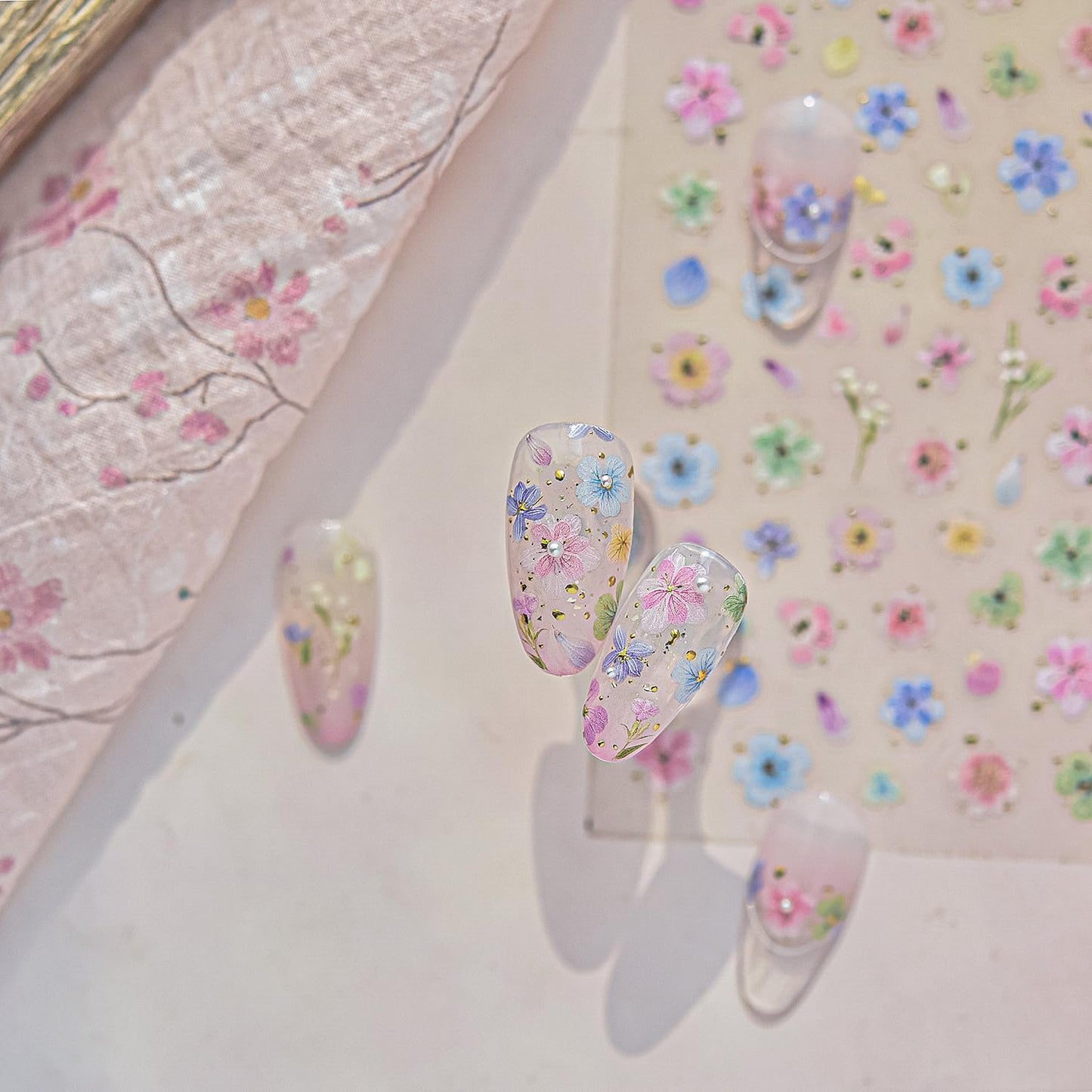 Dried Flower Nail Art Stickers Colorful Flowers Nail Decals for Acrylic Nails 3D Self Adhesive Glitter Designs Nail Sticker Cute Floral Nail Decal Spring Summer Manicure Supplies for Women DIY Decor