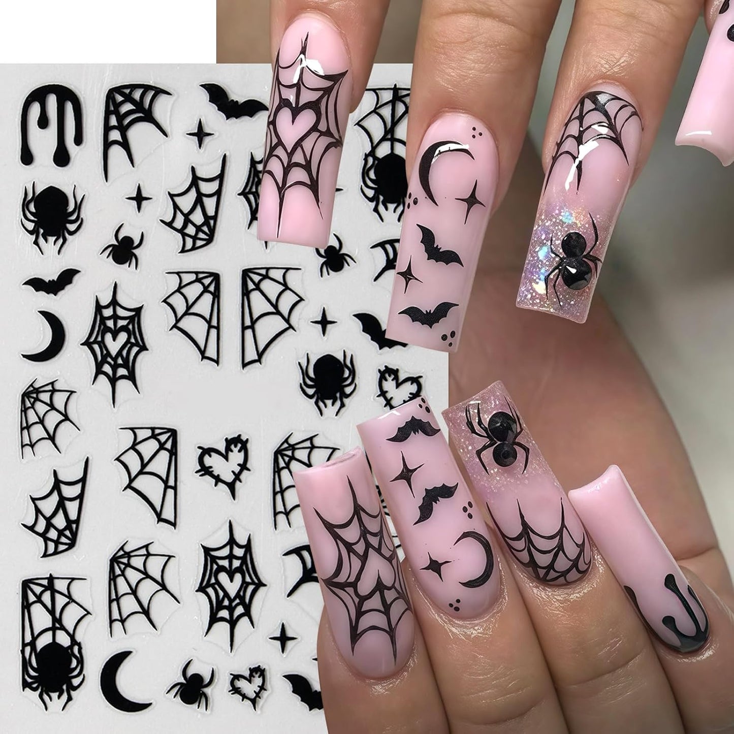 6 Sheets Halloween Spider Web Nail Stickers Spider Nail Stickers for Nail Art 3D Self-Adhesive Ghost Nail Decals Black White Spiders Web Bat Silver Glitter Black French Nails Design Supplies for Women