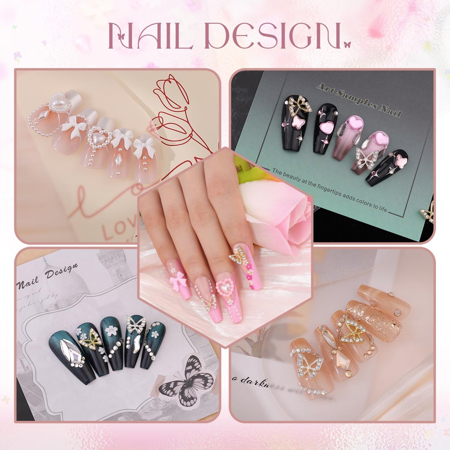 3D Nail Charms and Gems Set 9, 20PCS Chunky Butterfly Charms + 60PCS Coquette Nail Bows in 2 Styles + 3D Flowers for Nails with Rhinestones, Pearls, Diamonds, and Picker Tools for Y2K Nail Decor
