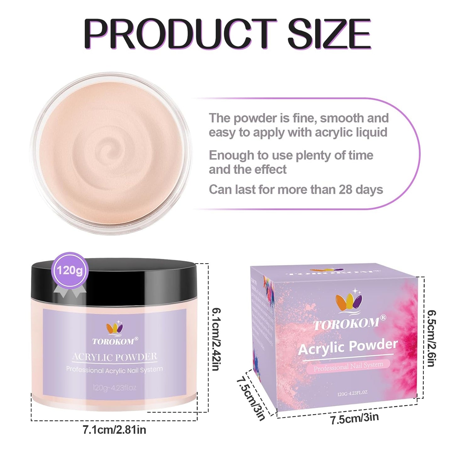 TOROKOM Nude Acrylic Powder, 120g/4.23oz Acrylic Nail Powder Large Capacity Acrylic Dip Powder for Nails Self-Leveling Acrylic Extension Powders, 3D Nail Carving, Long-Lasting, No Nails Lamp Required