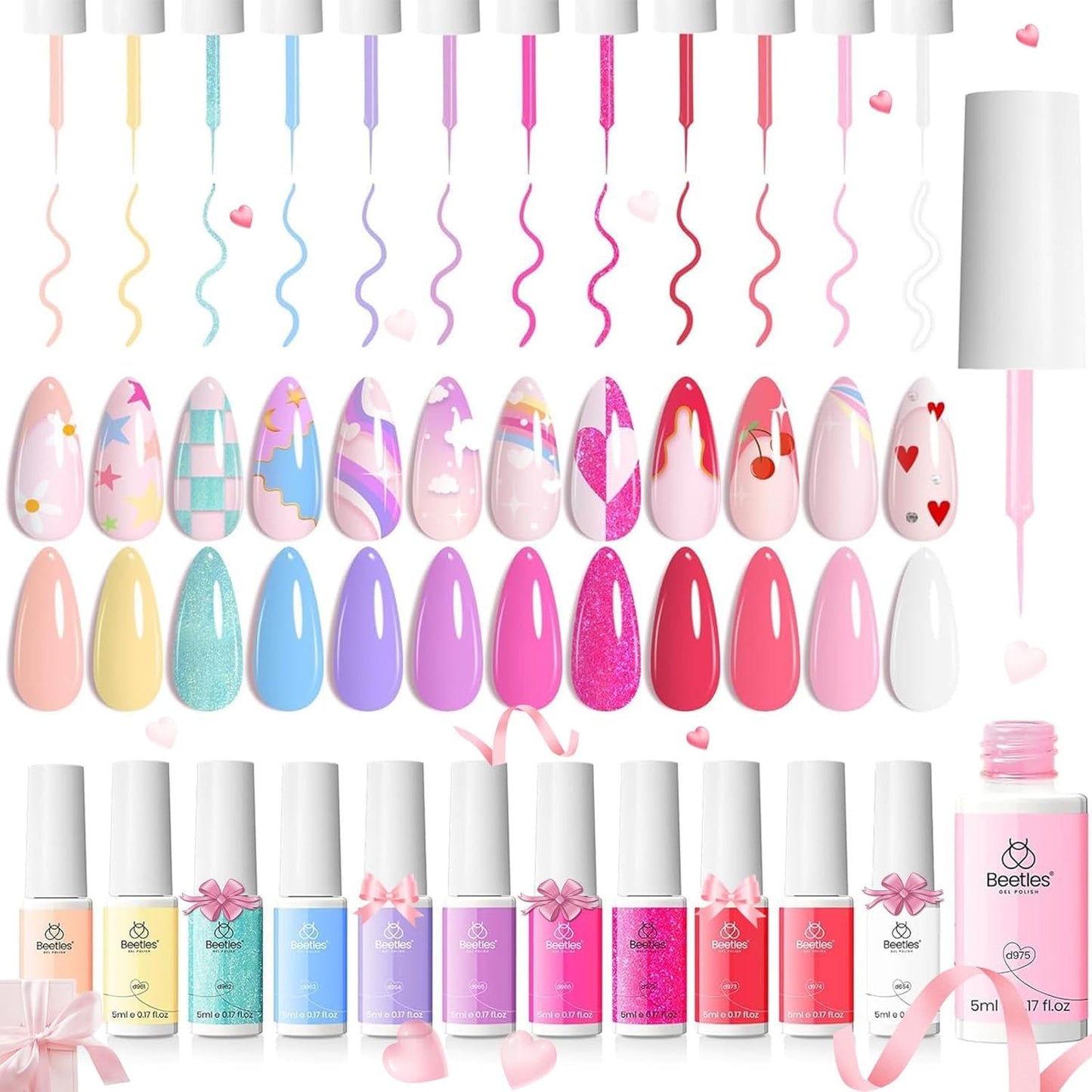 beetles Pink 12 Colors Nail Art Gel Liner, Summer Blue White Glitter Gel Nail Polish Painted Soak Off Uv Lamp Art Nails Red Yellow for Thin French Line Nails Manicure Gift for Women