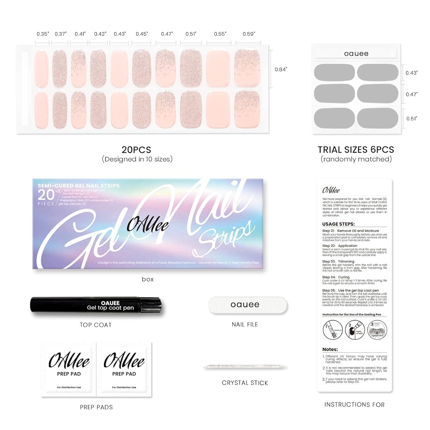 Semi Cured Gel Nail Strips | Built-In Gel Top Coat | UV Light Required | Salon Quality, Easy Application And Removal (Pink Sparkle)