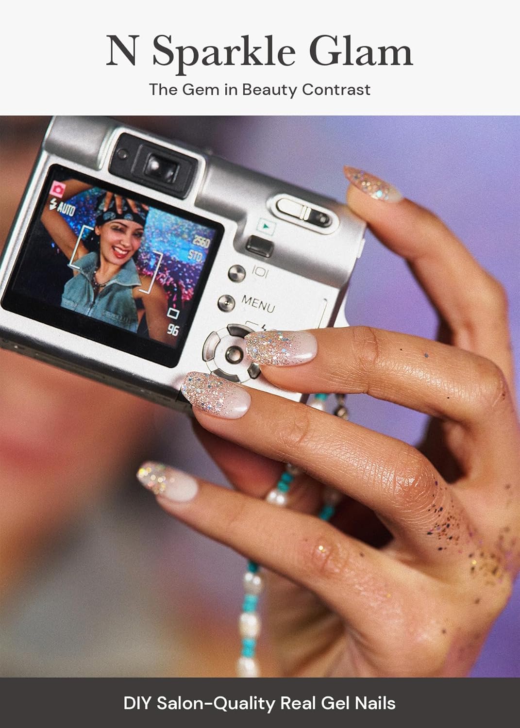 ohora Semi Cured Gel Nail Strips (N Sparkle Glam) - Nude, Glitter, Works with Any UV/LED Lamps, Salon-Quality, Long Lasting, Easy to Apply & Remove - Includes 2 Prep Pads, Nail File & Wooden Stick