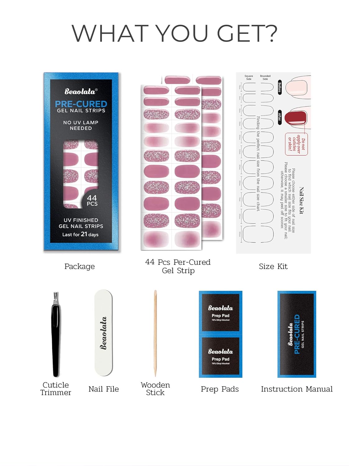 Pre Cured Gel Nail Strips - 44PCS Salon Quality Gel Nail Stickers - Long Lasting Polish Wraps for Women no UV Light Needed Easy Apply& Remove (Muted Pink)