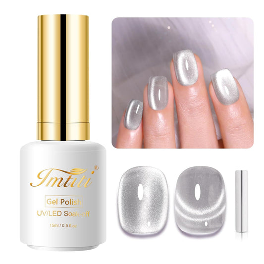 Imtiti Moonlight Cat Eye Gel Nail Polish, 15ml Nude Silver Holographic Crystal Diamond Cat Eyes Glitter UV Soak Off Gel Polish with Magnetic Stick for Summer 1Pcs