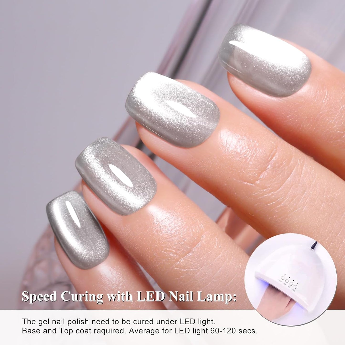 Imtiti Moonlight Cat Eye Gel Nail Polish, 15ml Nude Silver Holographic Crystal Diamond Cat Eyes Glitter UV Soak Off Gel Polish with Magnetic Stick for Summer 1Pcs