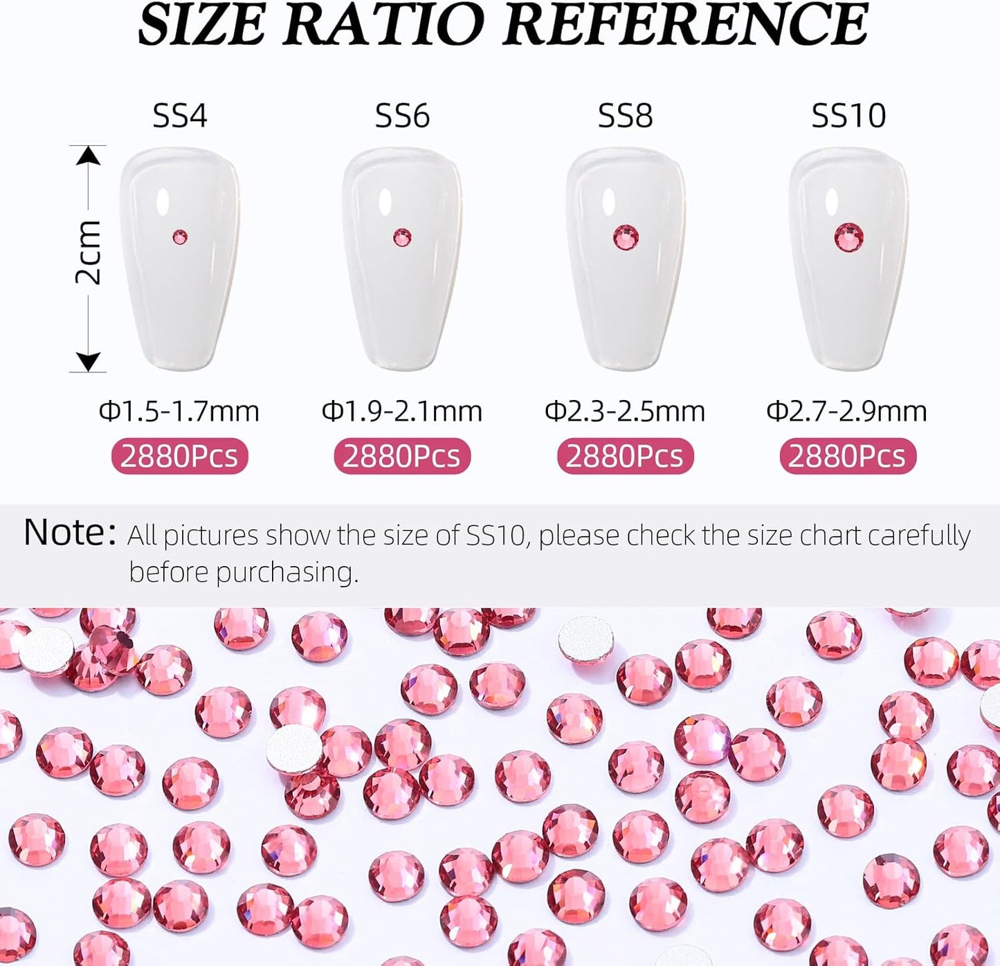 Rose Flatback Rhinestones, Glass Rhinestones for Nail Art and Craft, Glue Fix, Loose Crystal Gemstones(Rose, SS10, 2880pcs, 2.7-2.8mm)