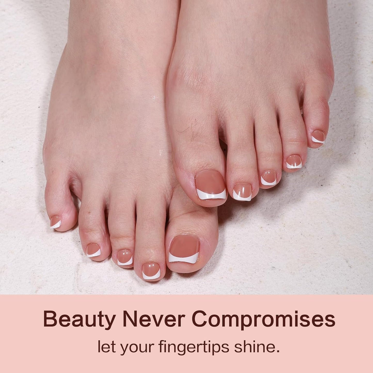 French Tip Press on Toenails 144PCS with 4 Strips, 18 Sizes Nude Fake Nails - No Need to File, Pre-applied Primer, Short Square Toe Nails Kit for Women Pedicure & Gift