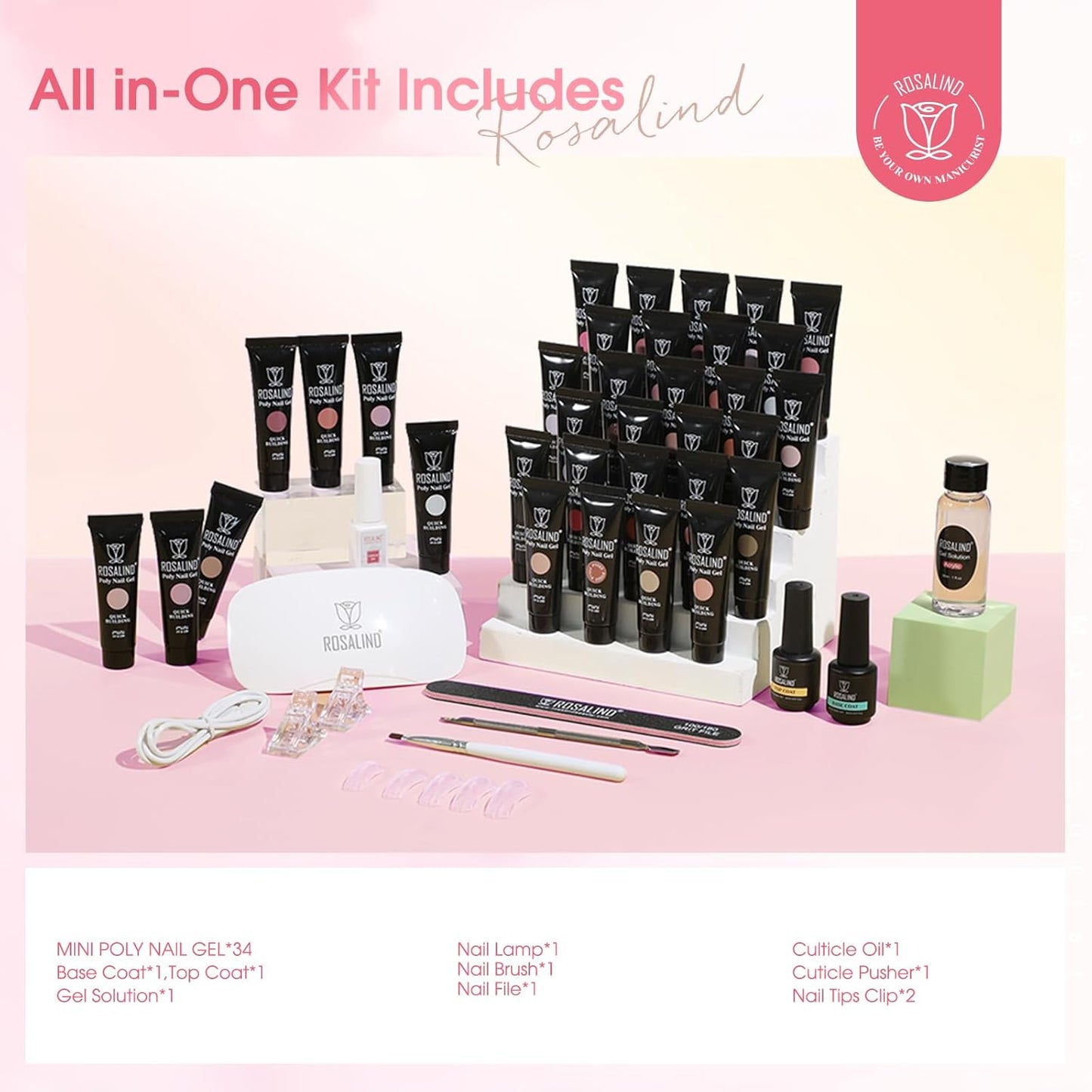 ROSALIND Poly Nail Gel Kit -34 Colors + White Brown Accessories Clear Nude Poly Nails Gel Starter Kit with Mini UV Lamp Slip Solution Nude Pink Extensions Set