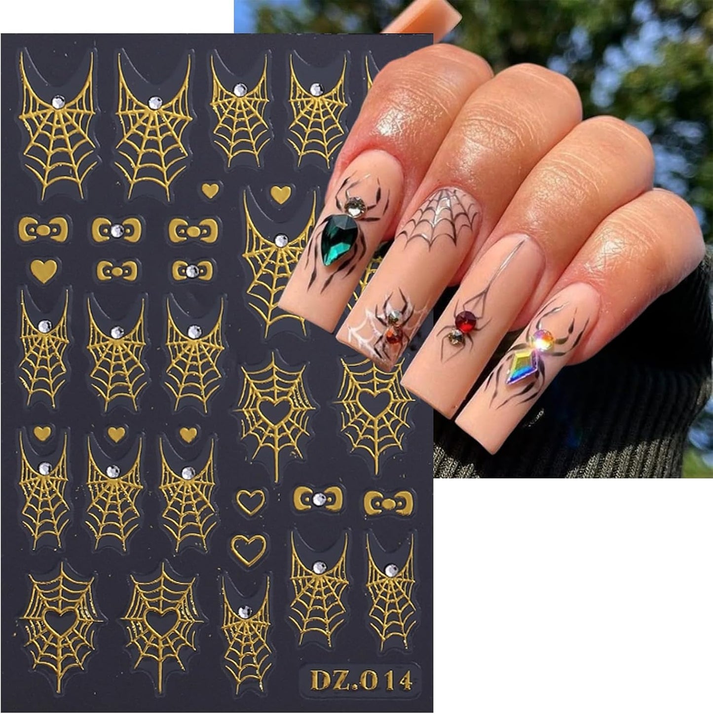 4 Sheets Halloween Spider Web Nail Art Stickers 5D Embossed Halloween Nail Decals with Rhinestone Colorful Spider Web Spider Bow Love Heart Nail Design Adhesive Stickers for Women Decorations Supplies