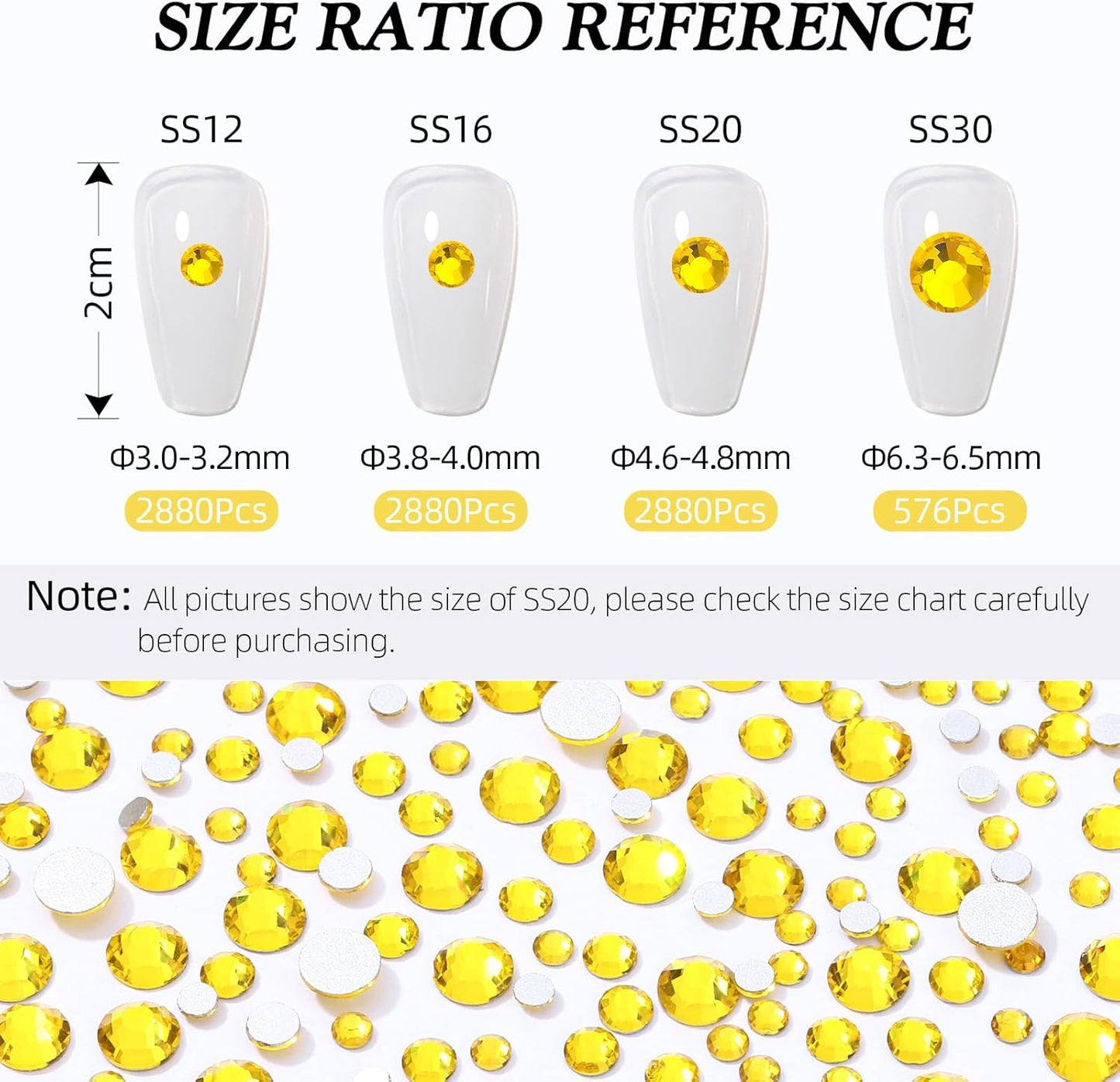 Yellow Flatback Rhinestones, Glass Rhinestones for Nail Art and Craft, Glue Fix, Loose Crystal Gemstones(Yellow, SS20, 2880pcs, 4.6-4.8mm)